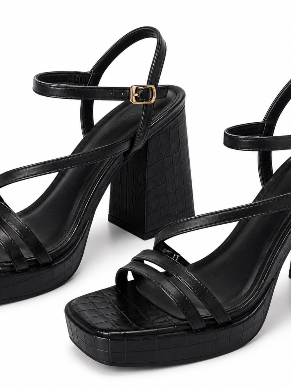 Women's Black Croc-Textured Platform Block Heels